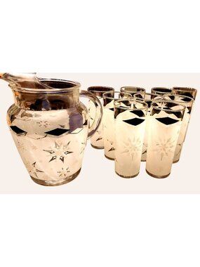 Mid Century Atomic  Anchor Hocking Mid Century Glass Pitcher& 9 Glasses MINT